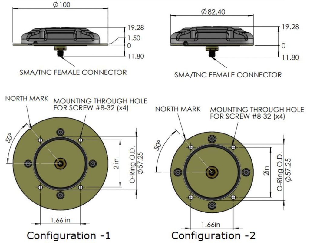 Technical drawing showing two antenna configurations, labeled Configuration-1 and Configuration-2, with SMA/TNC female connectors and mounting hole measurements.